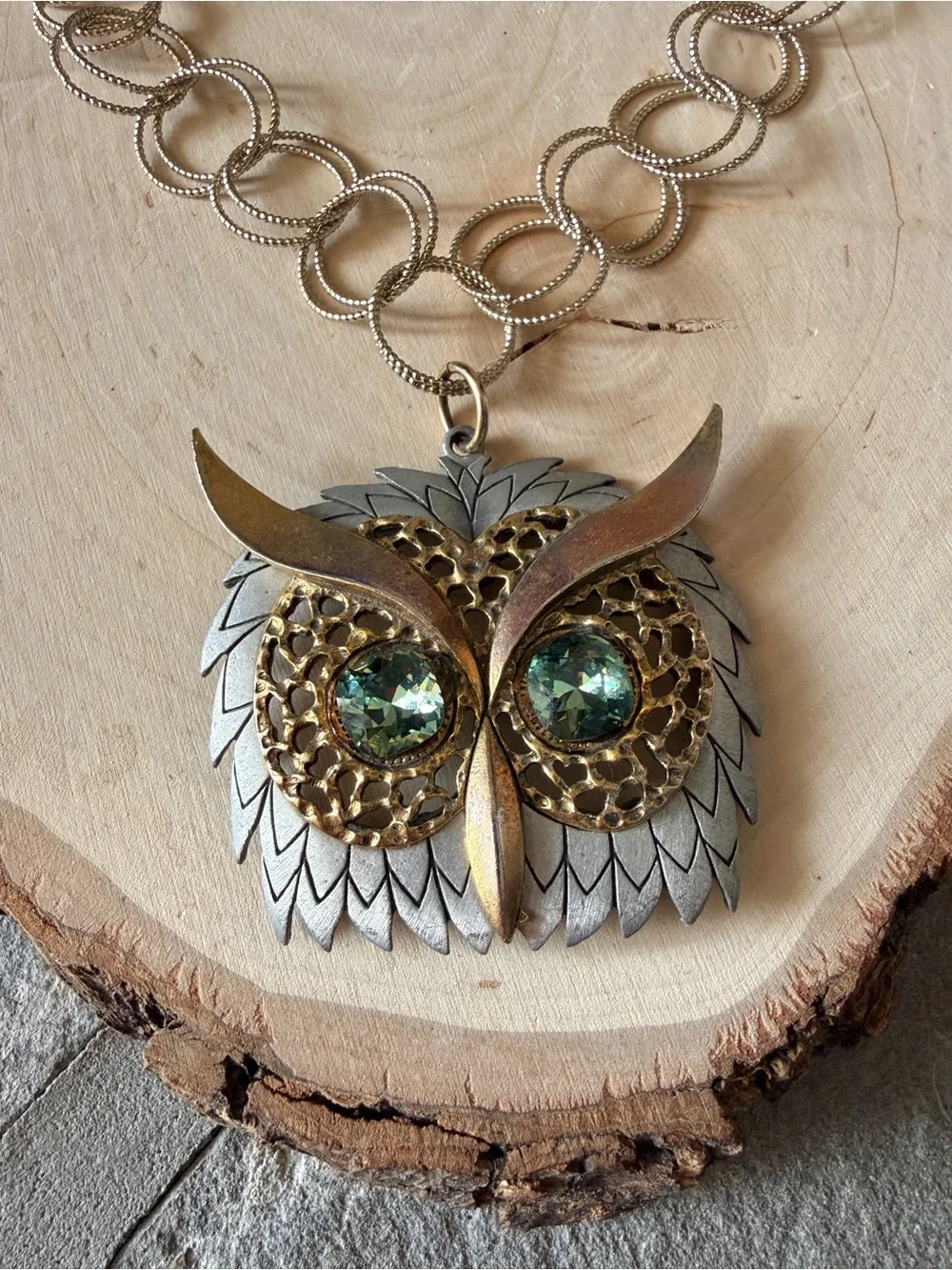 Upcycled Owl Choker Necklace with Green Rhinestone Eyes on Gold Tone Chain OOAK - Picture 10 of 10